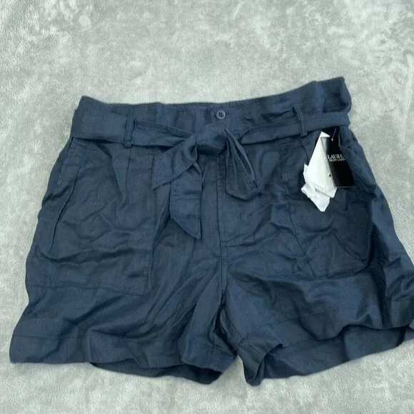 Lauren Ralph Lauren Womens Linen Shorts Size 18 Navy Belt & Pockets NWT 3795 - Picture 1 of 8